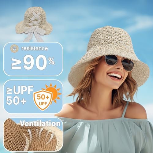 Sombrero de playa plegable para mujer color beige miniatura 4