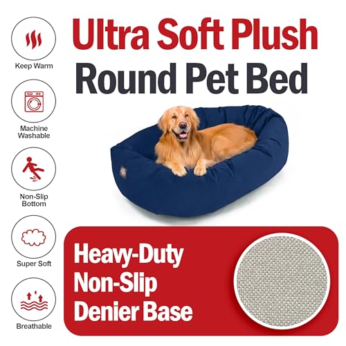 Image of Majestic Pet Suede Shredded Memory Foam Mix Calming Dog Bed Washable - Cozy Soft Round Dog Bed with Spine for Head Support - Fluffy Donut Dog Bed, 40 Inch, Navy