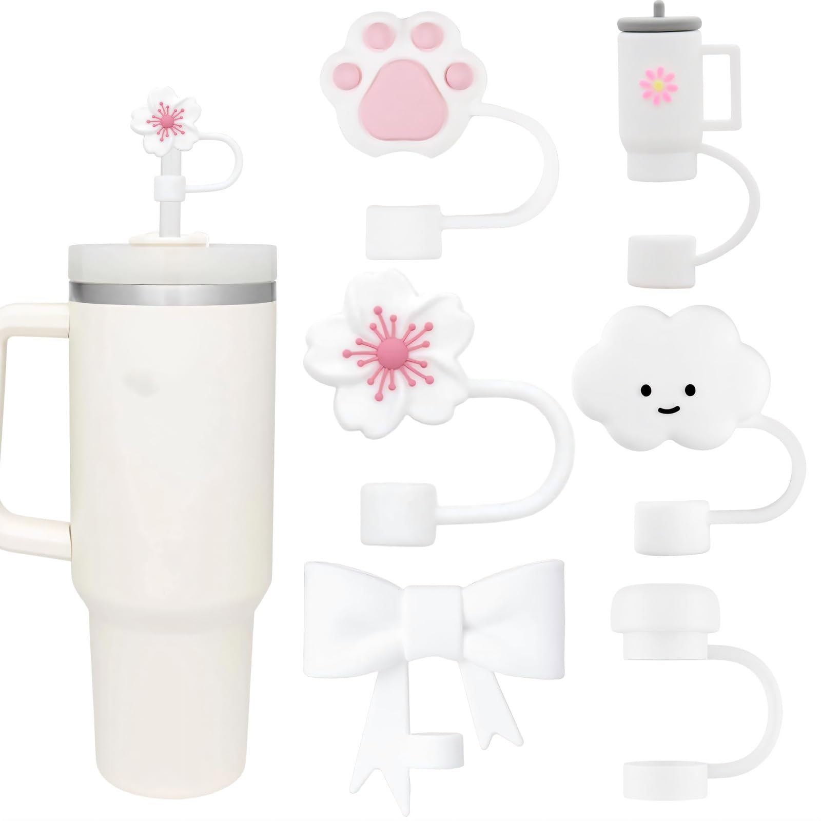 White Straw Cover Cap for Stanley Cup, 6pcs Silicone Flower Straw Toppers Compatible with 20 30 40 Oz Tumbler with Handle, 0.4in/10mm Cute Dust Proof