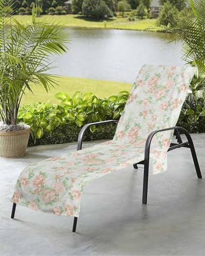 Green Flower Leaves Beach Chair Towel Covers for Chaise Lounge with Side Pocket, Soft Plush Pool Towels Cover for Patio Sunbathing Outdoor Retro Spring Botanical Luxury Chic 29''x85''