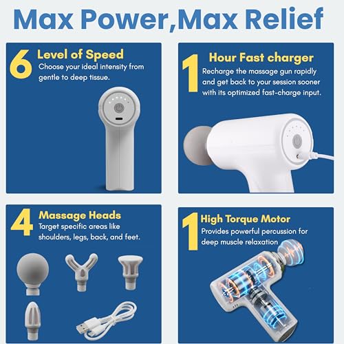 Image of Massage Gun Deep Tissue, Muscle & Body Pain Relief | Special Body Massager for Pain Relief | Massage Gun for Back Leg & Full Body, Neck, Shoulder, Back, Foot | 4 Specialized Heads For Full Body Pain Relief (White)
