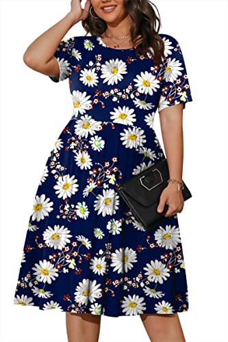 Image of POSESHE Womens Plus Size Summer Dress 2026 Casual Short Sleeve Empire Waist Loose Fit Swing T-Shirt Dress with Pockets
