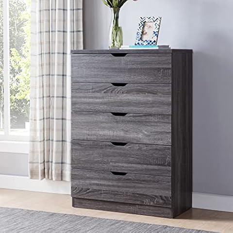 YHUBHSIS 5 Drawer Dresser for Bedroom, Wood Storage Chest Organizers with Cut-Out Handles, Tall Chest of Drawers with Storage, Accent Storage Cabinet for Living Room, Office, Entryway, Hallway (Gray) Cover