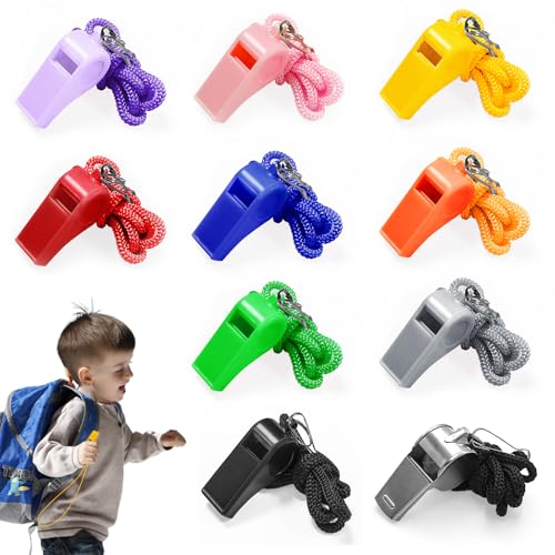 CAIXIANGYU Sifflets, Lot de 10 Sifflets de Sport en Plastique avec Cordons, Puissant Son Clair, Sifflet Arbitres, Entraîneurs, Football, Basket, Camping Sauvetage (en Couleur)