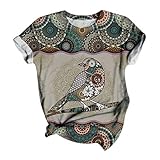  Chickwing Bohême Femme T-Shirt Blouse Manches Courtes Col Rond Chemise Été, Vintage Grande Taille Animal Impression Haut Tops Élégant Casual Tee Shirt Confortable Sweatshirt (Oiseau,XL)