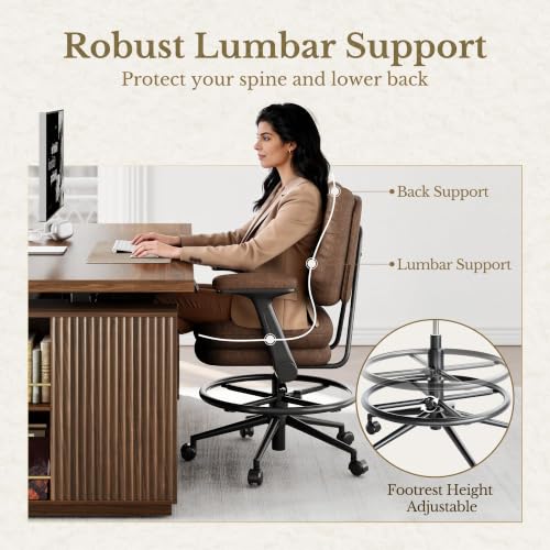 Image of Drafting Chair, Tall Leather Office Desk Chair, Vintage Brown | Extra Thick Cushion, Padded Flip-Up Armrests, Mid-Back Cushioned Seat, 360 Swivel Rolling Computer Desk Chair