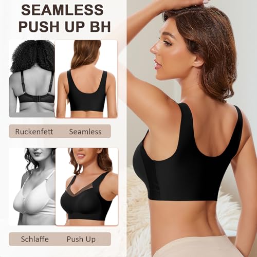 Jiuday Nahtloser BH ohne Bügel Große Brüste Starker Halt Spitze Sport BH Bustier Damen Gepolstert Soft Comfit Bügelloser Push Up BHS Haltungskorrektur Bra Seamless Bralette (Schwarz,XL)