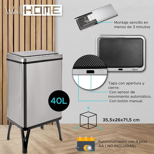 WELL HOME MOBILIARIO & DECORACIÓN 3 inteligentne kosze na śmieci 40 l, wysokość: 71,5 (x 35,5 x 26), szary z etykietami magnetycznymi