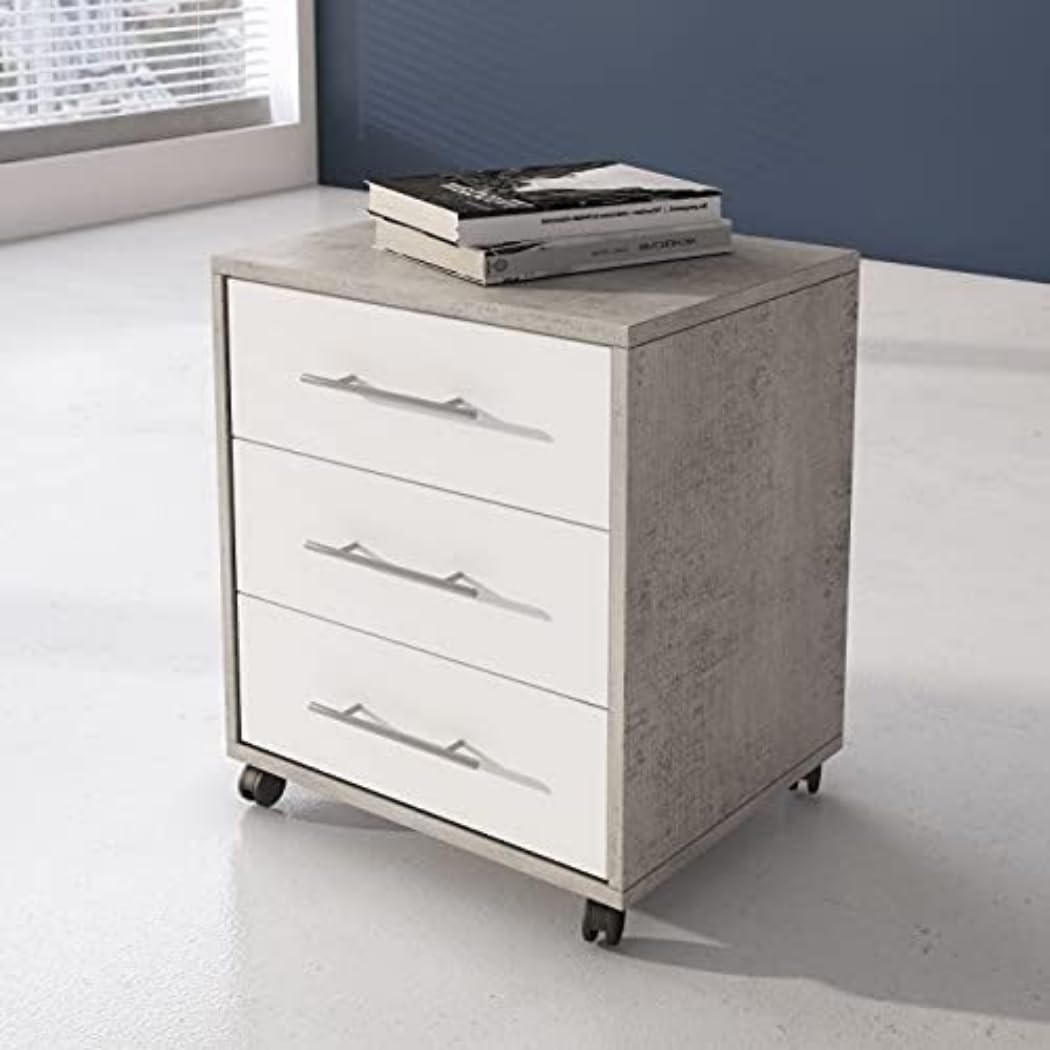 Dmora Commode de bureau avec 3 tiroirs sur roulettes, porte-documents, table de chevet de bureau élégante, cm 43x40h57, couleur Ciment et Blanc