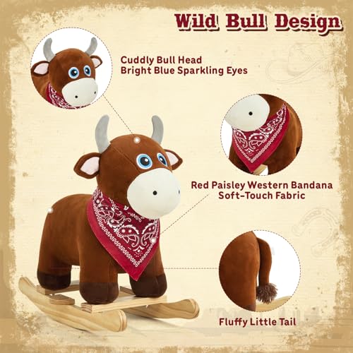 Image of FUNLIO Bull Rocking Horse Ages 1-3, Wild Baby Rocking Horse with Cuddly Head & Bright Sparkling Eyes, Stuffed Plush Ride-on Baby Rocker, Easy to Assemble, CPC & CE Certified