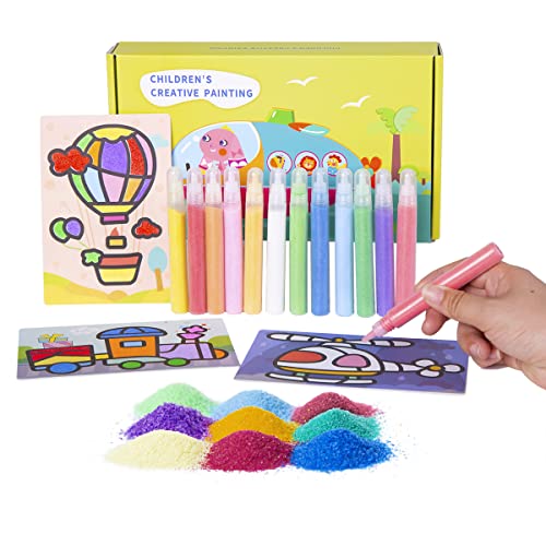 12 paquetes de tarjetas de pintura de arena, kit de manualidades para colorear para niños con 12 botellas, juego de arena colorido para niños y niñas(vehículo verde) Cover