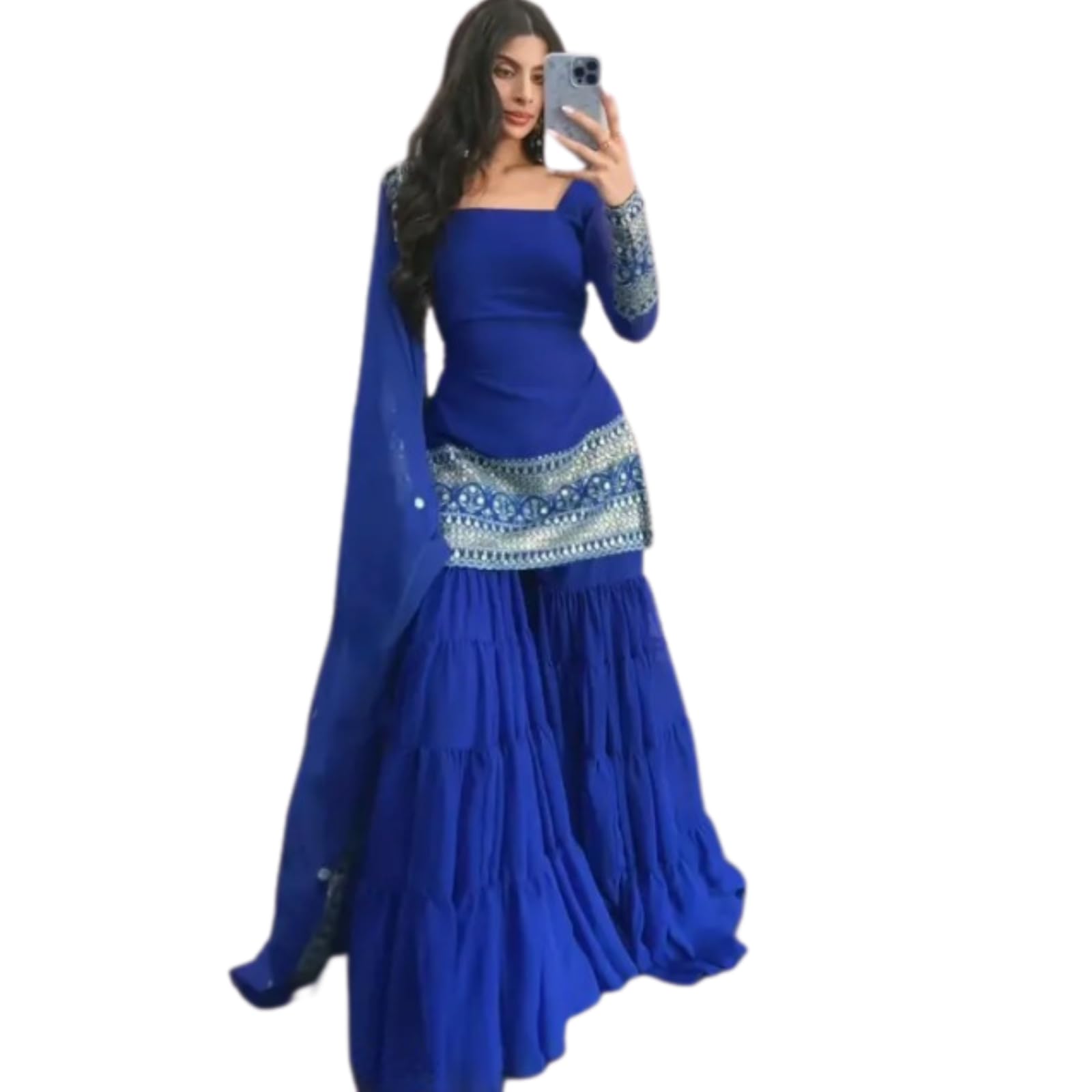 Royal Blue Embellished Sahara with Square Neck Top, sharara and Dupatta, Traditional Indian Wear