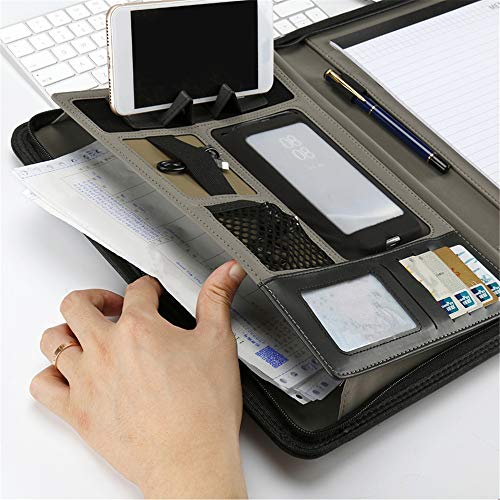 Conference Folder A4 Multifunctional PU Leather Case Business Meeting Folder Zipper Briefcase Folder Interview Notebook Pockets for Office Work (Bronze 25x32.5cm)3
