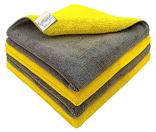 Image of SOFTSPUN Microfiber Export Rejected Cloths, Going Cheap! 4 pcs 40X40 cms 900 GSM Grey+Yellow Thick LintStreak Free Multipurpose Cloths for Car Bike Cleaning Polishing Washing & Detailing.