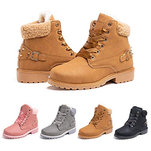 Botas Mujer Invierno Nieve de Cuero PU Zapatos Planas Calentar Piel Forro Cordones Botas Senderismo Snow Boots Outdoor Caqui 39 EU