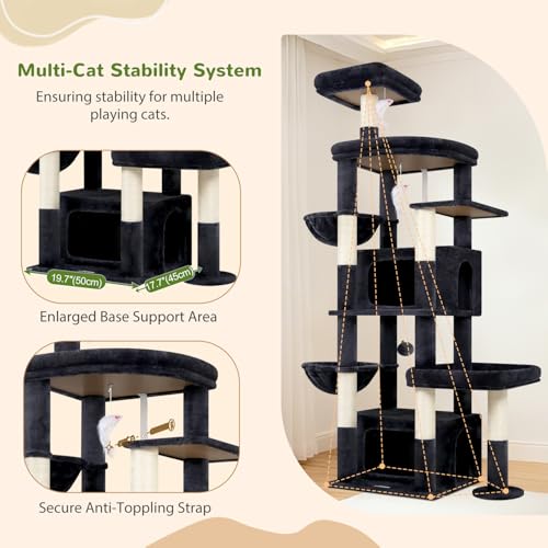 Image of Globlazer Cat Tree for Large Cats, 75in Tall Multi-Level Heavy Duty Cat Tower for Indoor Cats with Extended Platform, 2 Spacious Condos, 2 Padded Perches, 6 Sisal Scratching Posts, S75, Dark Grey