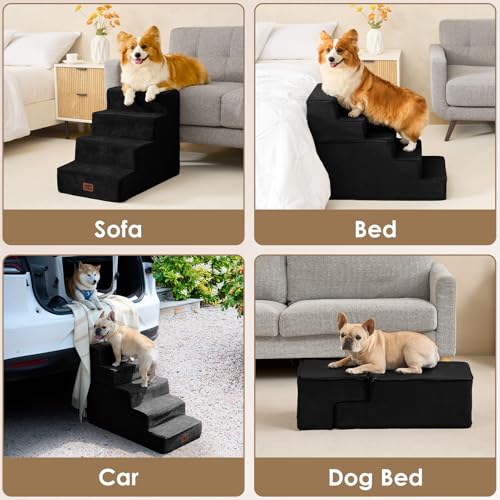 Image of EHEYCIGA Dog Stairs for High Bed 22.5 inch H, 5-Step Dog Steps for Bed, Pet Steps for Small Dogs and Cats, Non-Slip Balanced Pet Ramp Indoor, Black