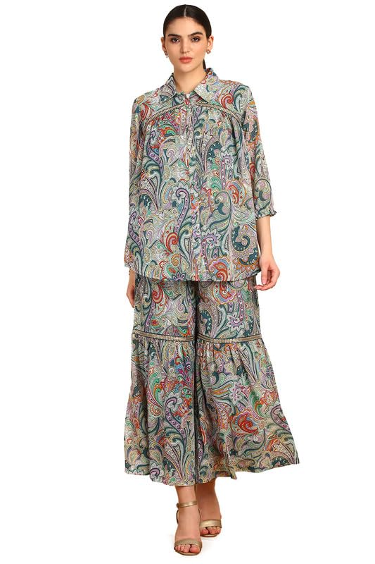 Womens Teal Georgette Blend Ethnic Motifs Co-Ord Set-image-4