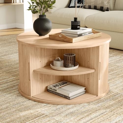 LINSY HOME Round Coffee Table, 31.5' Drum Coffee Table with Sliding Tambour Door, Fluted Accent Center Table with Storage, Mid Century Modern Coffee Table for Living Room, Oak