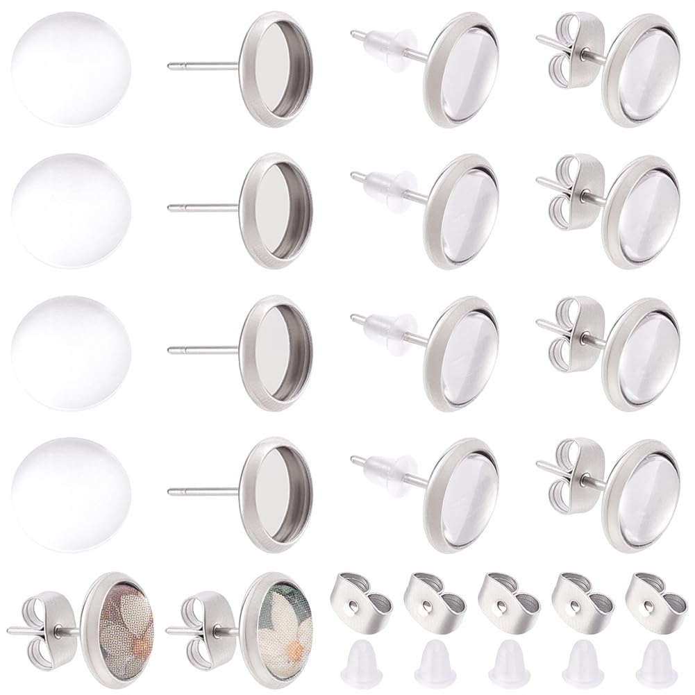 Beebeecraft 50 Sets Cabochon Stud Earring Blanks with Round Glass Cabochons Stainless Steel Bezel Earring Settings Findings with Ear Nuts Backs for Jewelry Making Kit, Tray 8mm