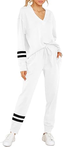 Miniatura 1 de FERNGIRL Conjunto deportivo de dos piezas para mujer conjunto de rayas de manga larga con lazo en la cintura pantalones deportivos