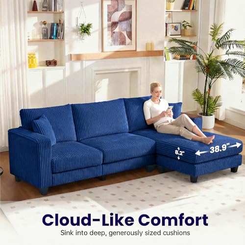 Image of 114 inch Cloud Sectional Couch with L-Shape Reversible Chaise, Modern Corduroy L Shaped Couch with 2 Pillows & Storage Armrests, 4 Seater Sectional Couches for Living Room, Plush Corduroy, Blue