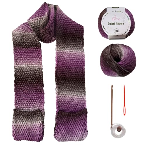 KnitPal Tunisian Crochet Scarf with Pockets Kit – 2 Skeins Ombre Encore (#5 Bulky, 100% Acrylic), Tunisian Hook, Pattern & Video – Beginner Tunisian Crochet, 6" x 84" (White Raspberry)