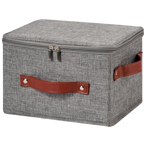 Image of Storage Bin Box with Zippered Lid Cotton Linen Fabric Decorative Basket with PU Leather Handles PP Plastic Board Foldable Lidded Clothing Shelf Closet Organizer Container (Gray, Small)