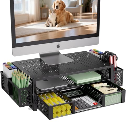 Simple Trending Desk Organizer and Accessories, 2 Tier Computer Metal Monitor Stand Riser with...