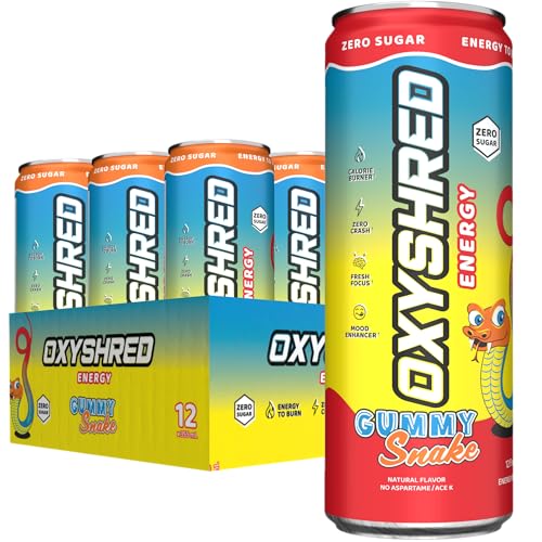 EHP Labs OxyShred Healthy Energy Drink - Zero Sugar Energy Drinks with Amino Acids, Green Tea Extract, Vitamin C & L Carnitine - Zero Carbs, Zero Calories, Clean Caffeine, Gummy Snake (12-Pack)