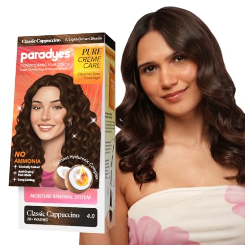 Paradyes Pure Crème Care No Ammonia Hair Color Classic Cappuccino 4.0 | Long-Lasting Crème Formula | Grey Coverage | Coconut Milk + Almond Oil + Hyaluronic Complex | Smooth & Shiny Finish | 60g+10 ml