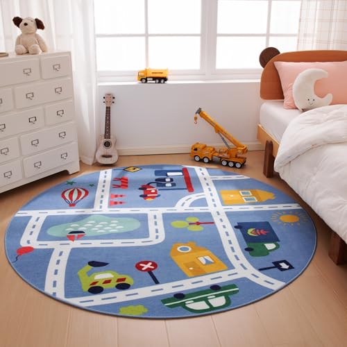 Tapete redondo infantil lavable 6' City Road Blue miniatura 1