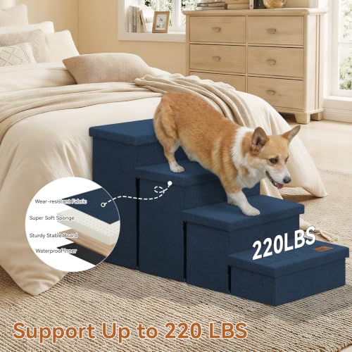 Image of Zerbuger Dog Stairs with Storage, Navy Blue 4 Steps Dog Ramp no Condo | 23 inch H Wider Dog Steps for High Beds Couch, Folding Storage Pet Stairs Gift for Climbing Small /Medium /Large Old Dogs Cats