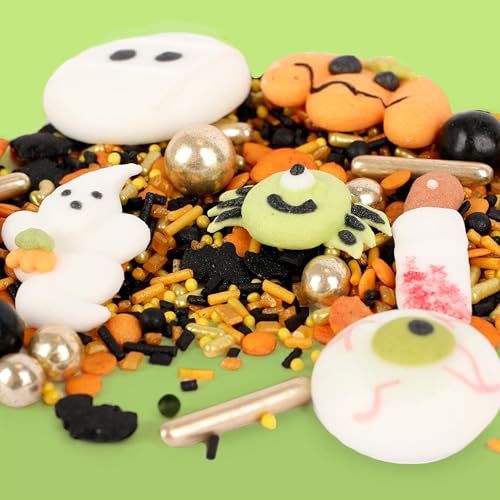 Halloween Zuckerstreussel-Set, essbare Halloween-Deko mit Zuckerfiguren wie Augen, Geister, Grabstein und Spinnen, 10 Figuren & 1x Streudeko, für Cupcakes, Kuchen und als Deko für Torten