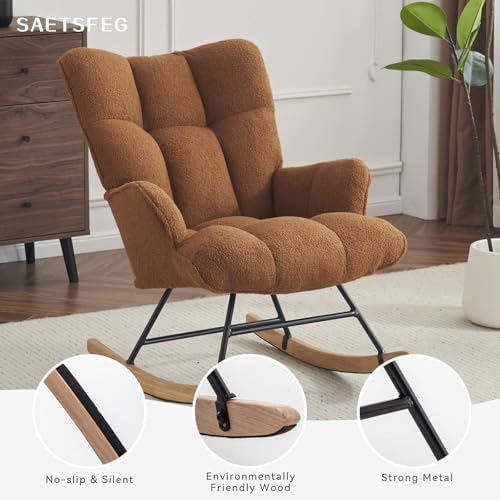 Image of SAETSFEG Rocking Chair Nursery Teddy Upholstered Glider Rocker Rocking Accent Chair Padded Seat with High Backrest Armchair Comfy Side Chair for Living Room Bedroom Offices (Brown Teddy)