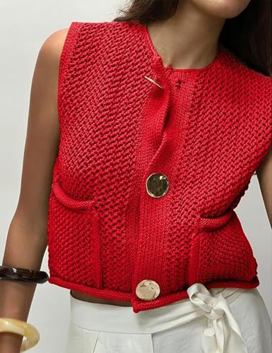 Flygo Womens Crochet Sweater Vest Sleeveless 2025 Trendy Spring Summer Tops Button Crop Chunky Knit Sweaters Cardigan2