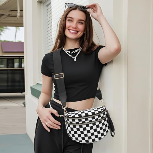 WOOMADA Checkered Crossbody Bags for Women, Nylon Checkered bum bag, Stylish Belt Bag Purse with Adjustable Shoulder Strap(Black Checkerboard)2