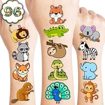 Cute Zoo Animal Tattoos for Kids 96 PCS, 8 Sheets - Pre-cut Safari Jungle Temporary Tattoos, Cute Birthday Party Favors & Supplies for Boys Girls, School Carnival Prizes