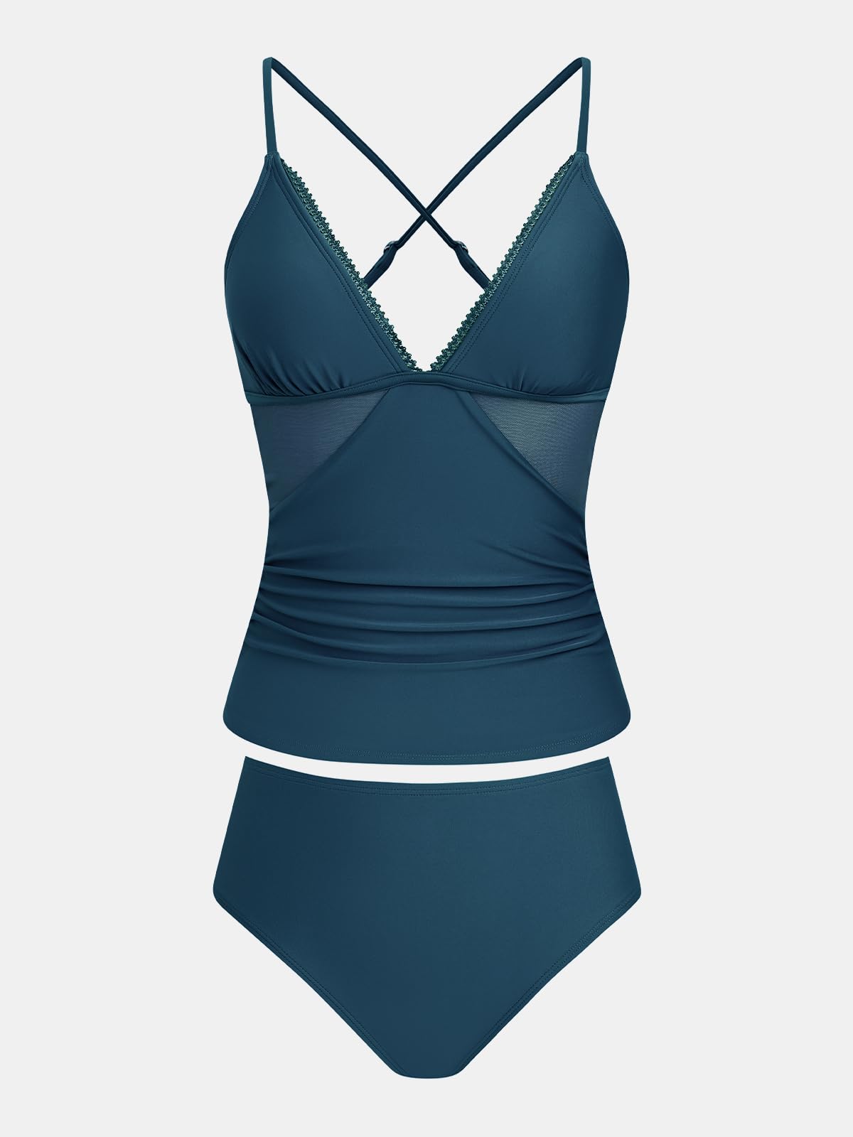 CUPSHE Maillot de bain deux pièces tankini pour femme - Taille moyenne - Col en V - En maille froncée