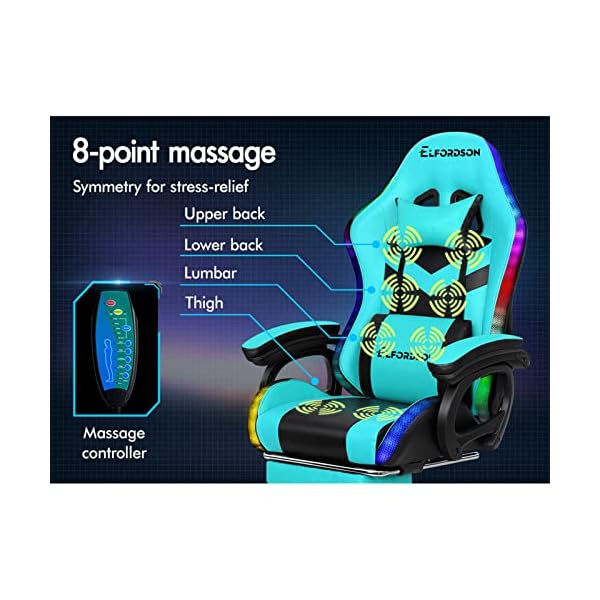 ELFORDSON LED Gaming Chair with 8-Point Massage, Swivel Office Chairs with Head Pillow Lumbar Support, Ergonomic Desk Chair with Armrests Footrest for Heavy Duty, PU Leather, Cyan - Image 4