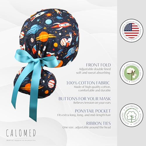 Image of Scrub Cap for Women and Men, Ponytail Scrub Caps, Working Hat, Head Cover with Ribbon Ties and Buttons, Long Hair