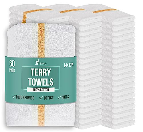 Image of GREEN LIFESTYLE Terry Towels 14 inch x 17 inch 60 Pack - Cotton Bar Towels, Cleaning Rags, Absorbent Terry Cloth Kitchen Towels for Restaurant, Food Service and Home Use (White with Orange Stripe)