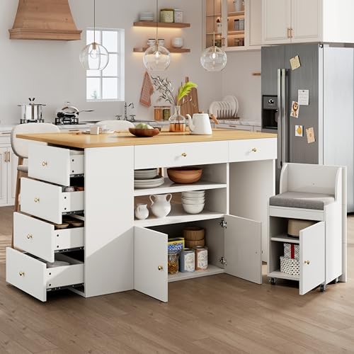 Rosebibi Isla de cocina, aparador con taburetes, armario de cocina con 6 cajones y taburetes, ancho ajustable 140 x 40 (70) x 89 cm (blanco)