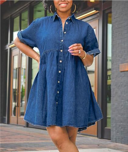 Image of Sexyshine Women's Denim Babydoll Dress Short Sleeve Button Down Flowy Tiered Jeans Mini Shirt Dress