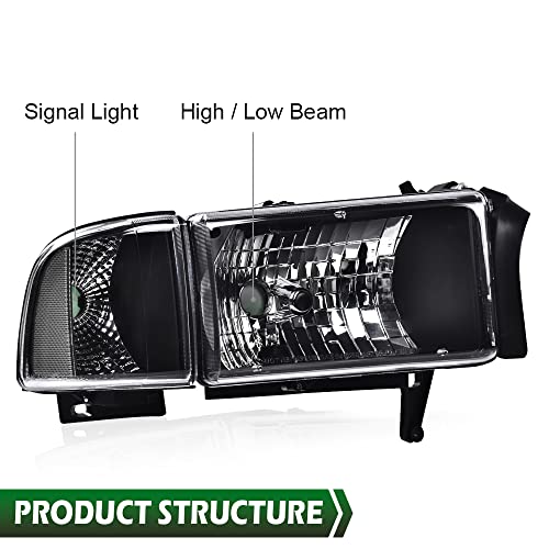 Image of GRAND ORANGE Headlights Assembly, Compatible with Dodge Ram 1500 2500 3500 1994 1995 1996 1997 1998 1999 2000 2001 2002 Black Housing Clear Corner Lamps(Clear lens Black Housing Clear Reflector)
