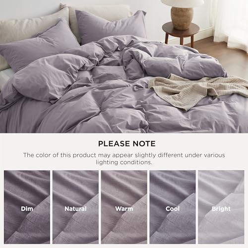 Bedsure 100% Washed Cotton Duvet Cover Queen Size - Lavender Minimalist Cotton Duvet Cover Linen Like for All Seasons - GentleSoft™ Plain Simple Bedding (Lavender, Queen, 90"x90")