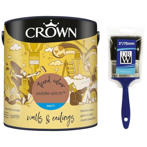 Image of DRW Saddle Stitch Matt Emulsion Paint 2.5L+3" Paint Brush | Interior Wall and Ceiling Paint | Smooth Flat Matt Finish | Durable Everyday Room Paint for Living Room Bedroom Hallway and Dining Room
