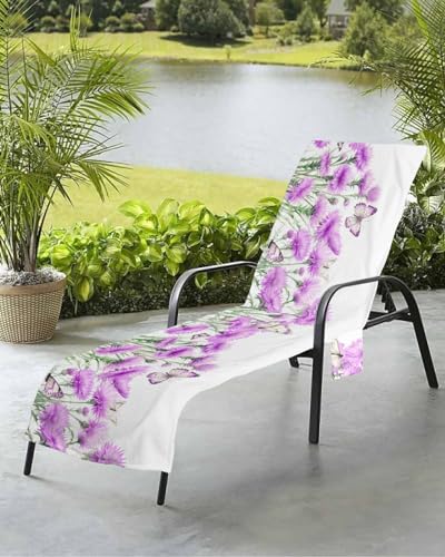 Beach Pool Patio Lounge Chaise Chair Cover Towel with Pockets,Elegant Purple Flower Absorbent & Quick Dry Microfiber Towel Cover Bag Summer Travel Accessories Spring Garden Blossom Herbs White