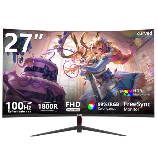 Image of 27 Inch Curved Monitor, FHD 1080P 100Hz Computer Screen with 1800R, 99% sRGB HDR, 3-Sided Frameless VA Display, HDMI DP, VESA Mountable, for PC Laptop Desktop