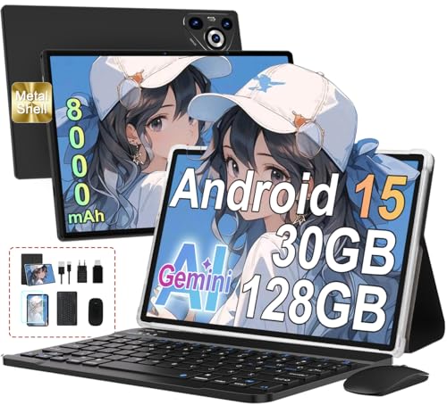 2025 Tablette Android 15 10 Pouces Écran IPS HD [30Go RAM] 128Go + TF 1To - Octo-Core, 8000mAh, Corps intégré en métal, 5MP+8MP, WiFi6, Face ID, Widevine...